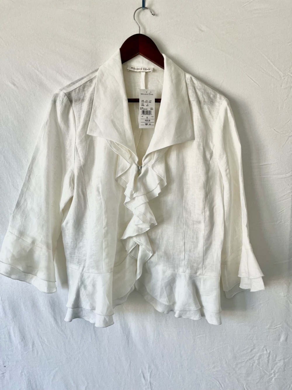 NWT Melanie Lyne 100% Linen Ruffle Jacket | White | Waterfall Front | Bell Cuff - Picture 2 of 9